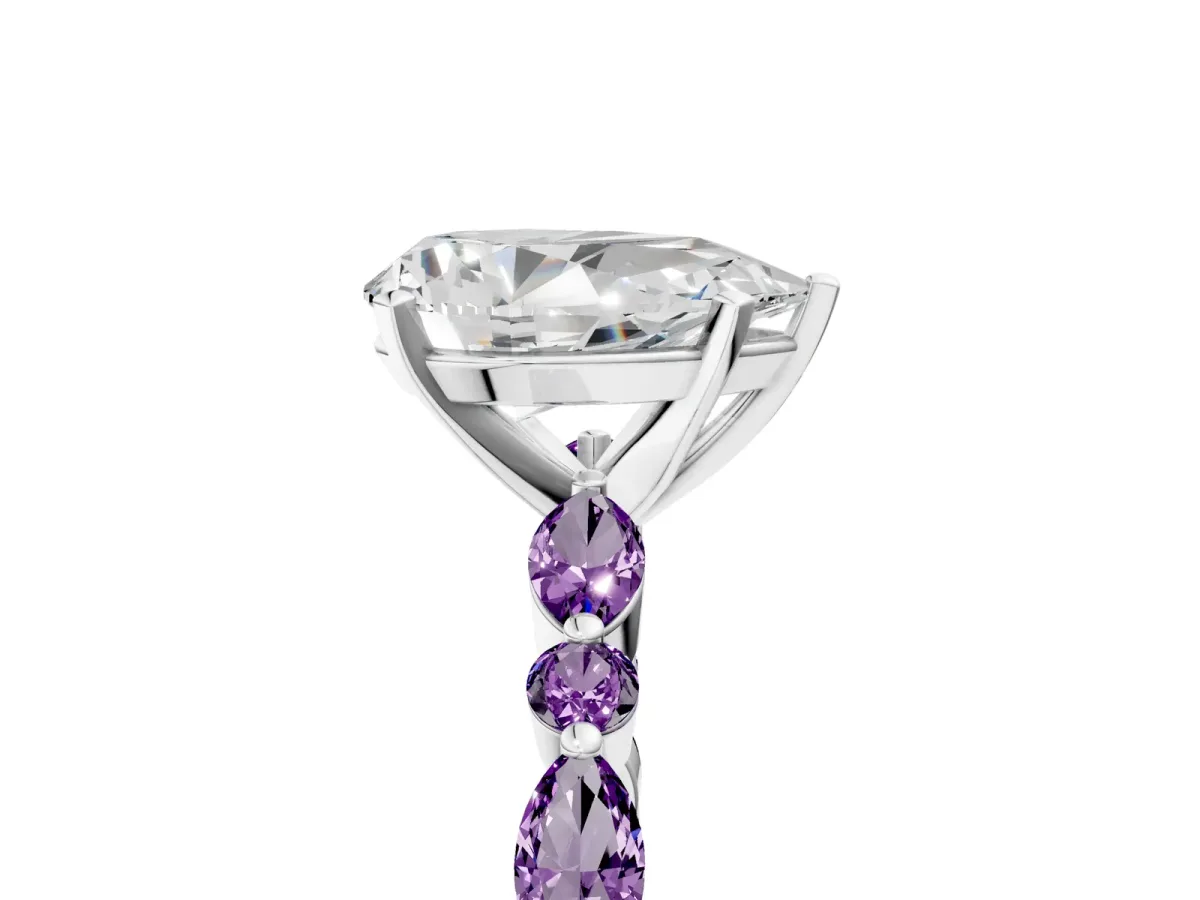 Pear Cut Diamond Ring with Marquise and Round Amethyst Side Stones and Four-Prong Setting Silver