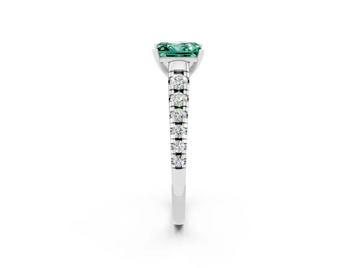 Princess Cut Green Sapphire Cathedral Solitaire Ring with Round Pavé Band Platinum
