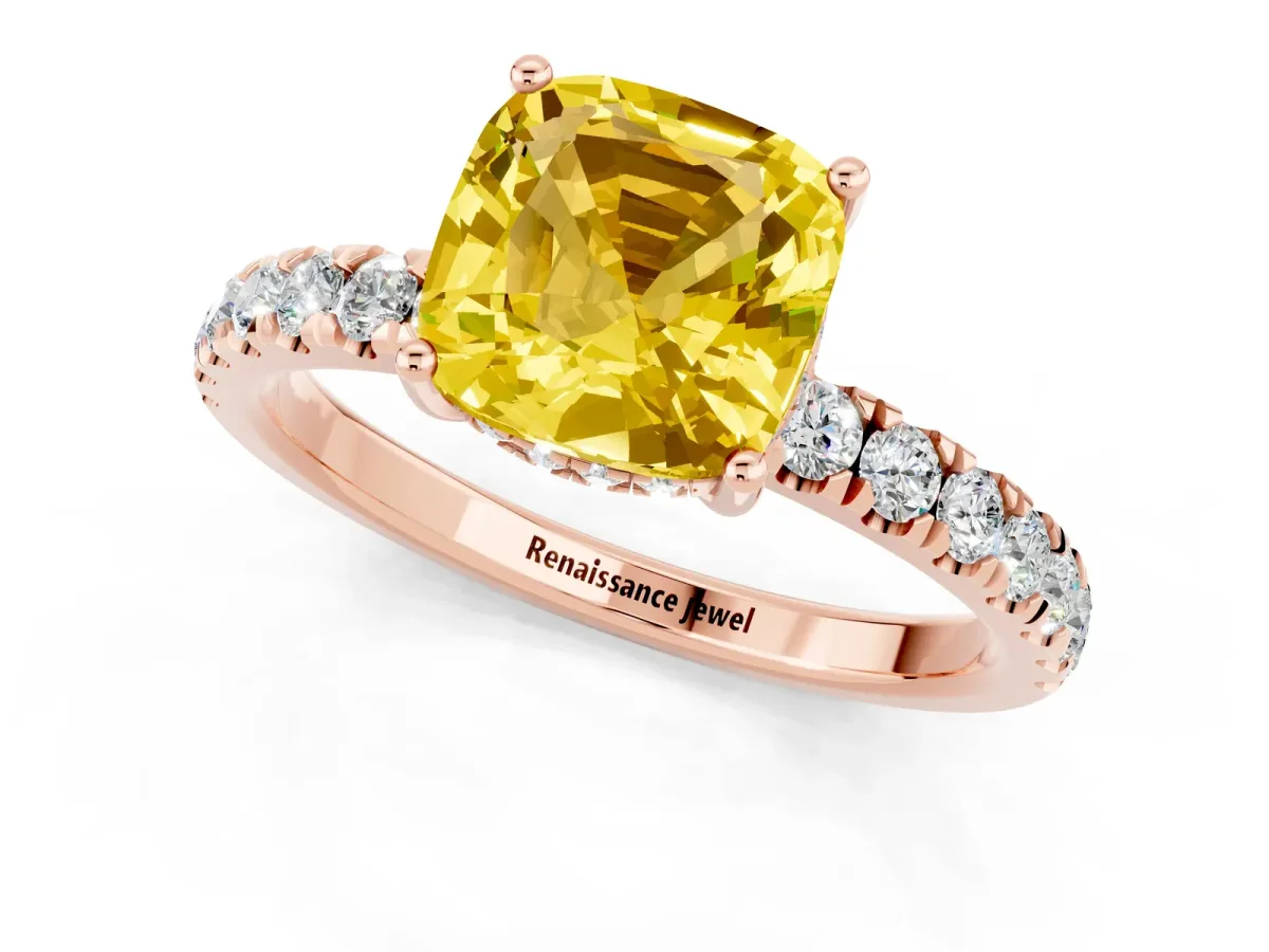 Cushion Cut Yellow Sapphire Pave Band Solitaire Ring with Round and Prong Setting Rose gold