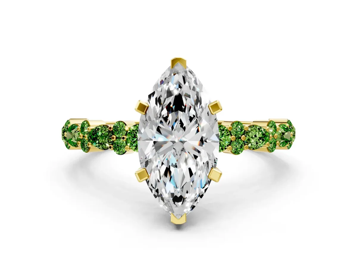 Marquise Cut Diamond Side Stone Solitaire Ring with Round Peridot and Four-Prong Setting Yellow gold