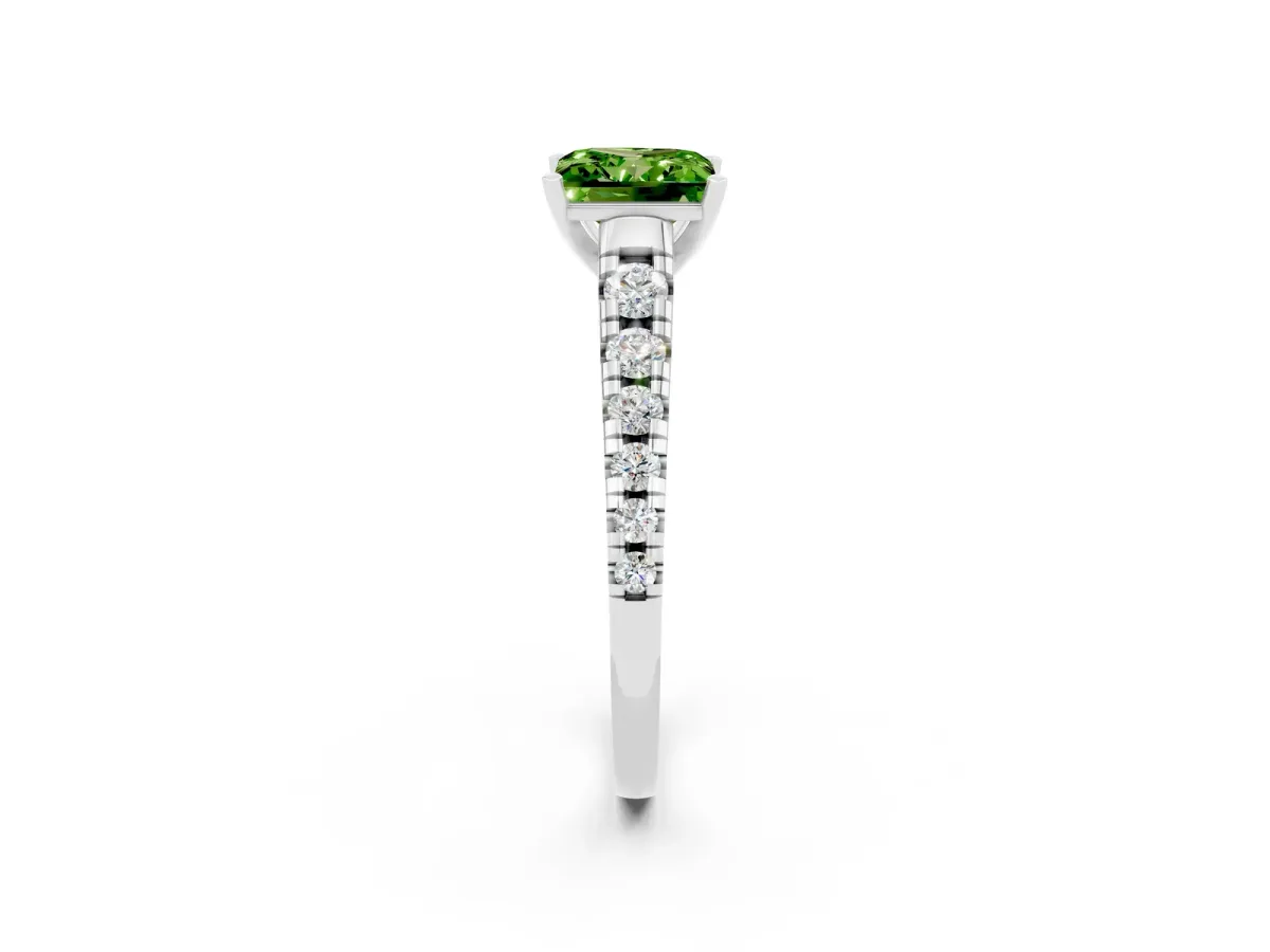 Princess Cut Peridot Cathedral Solitaire Ring with Round Pavé Band White gold