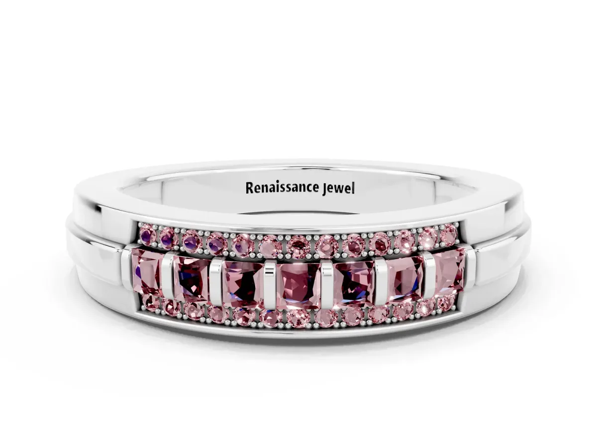 Bar-Set Princess Cut Morganite Pavé Band Silver