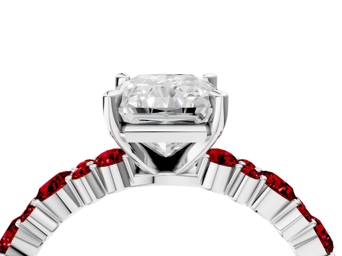 Radiant Cut Diamond Side Stone Solitaire Ring with Round Ruby and Four-Prong Setting Platinum