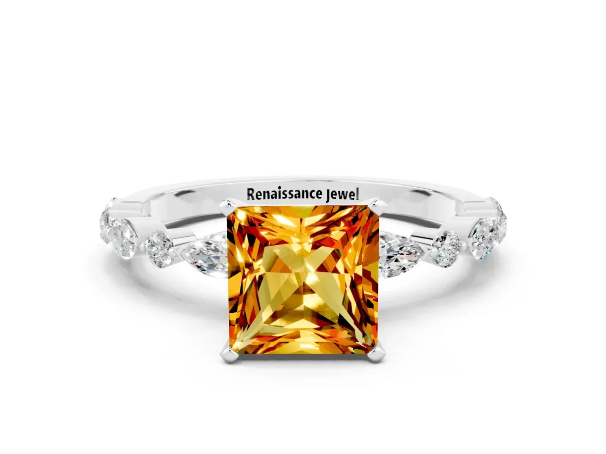 Princess Cut Citrine Ring with Marquise and Round Side Stones and Four-Prong Setting Platinum