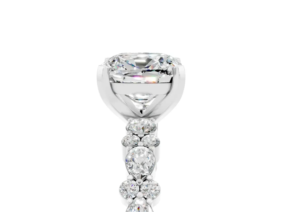 Cushion Cut Moissanite Side Stone Solitaire Ring with Round and Four-Prong Setting White gold