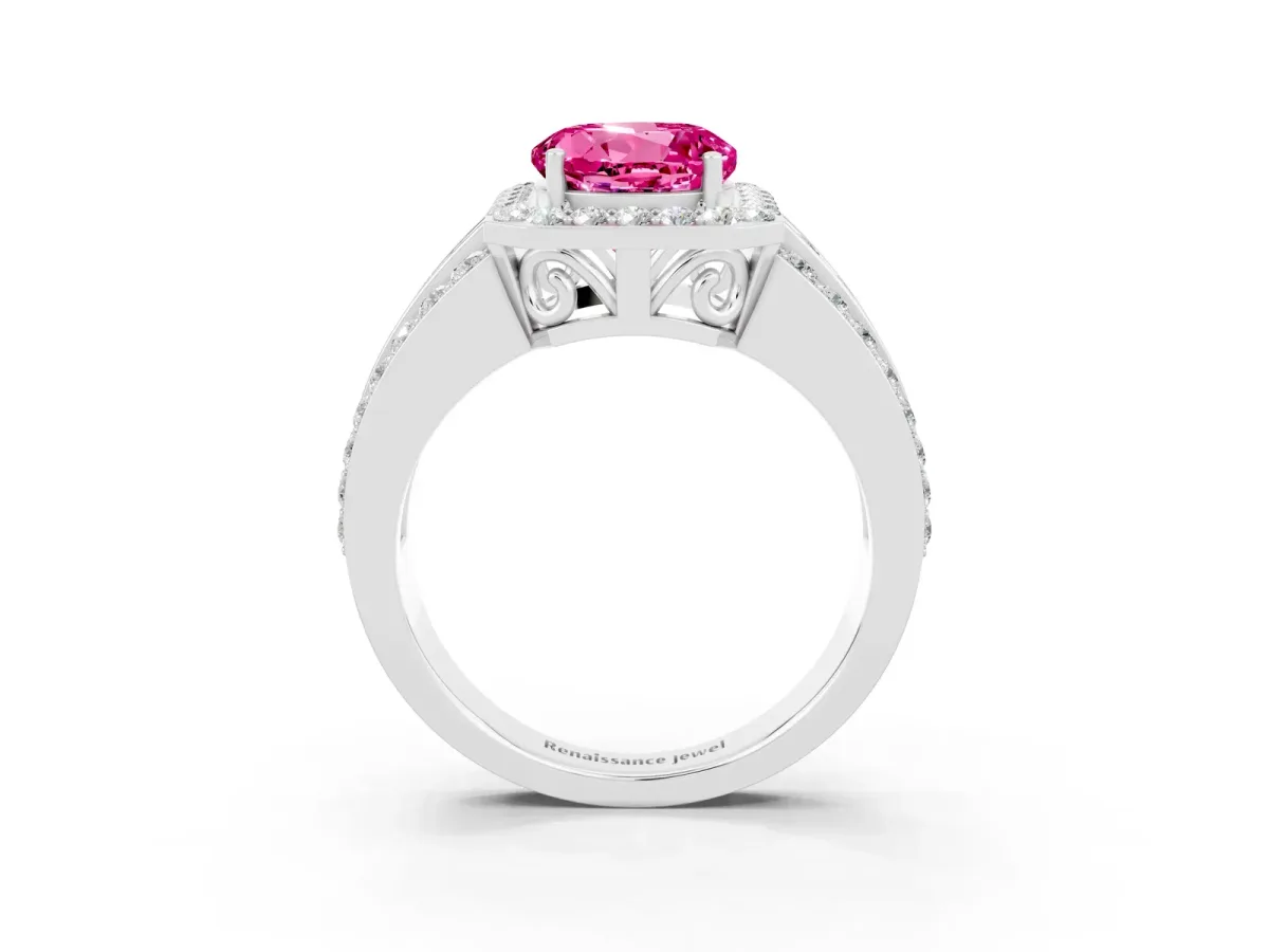Round Cut Halo Pink Sapphire Ring with Round Split Shank and Prong Setting White gold