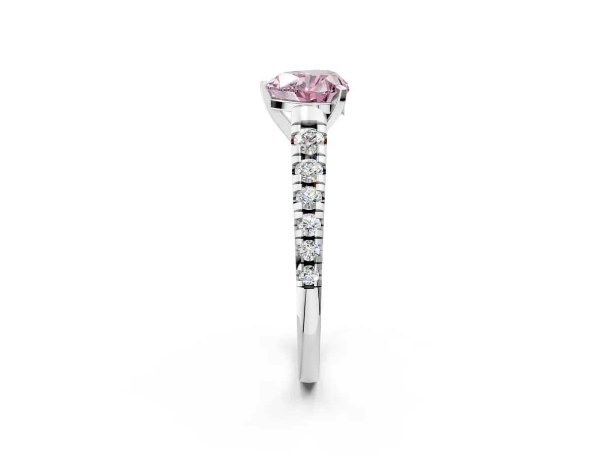 Fancy Pink Heart Cut Diamond Cathedral Solitaire Ring with Round Pavé Band Silver