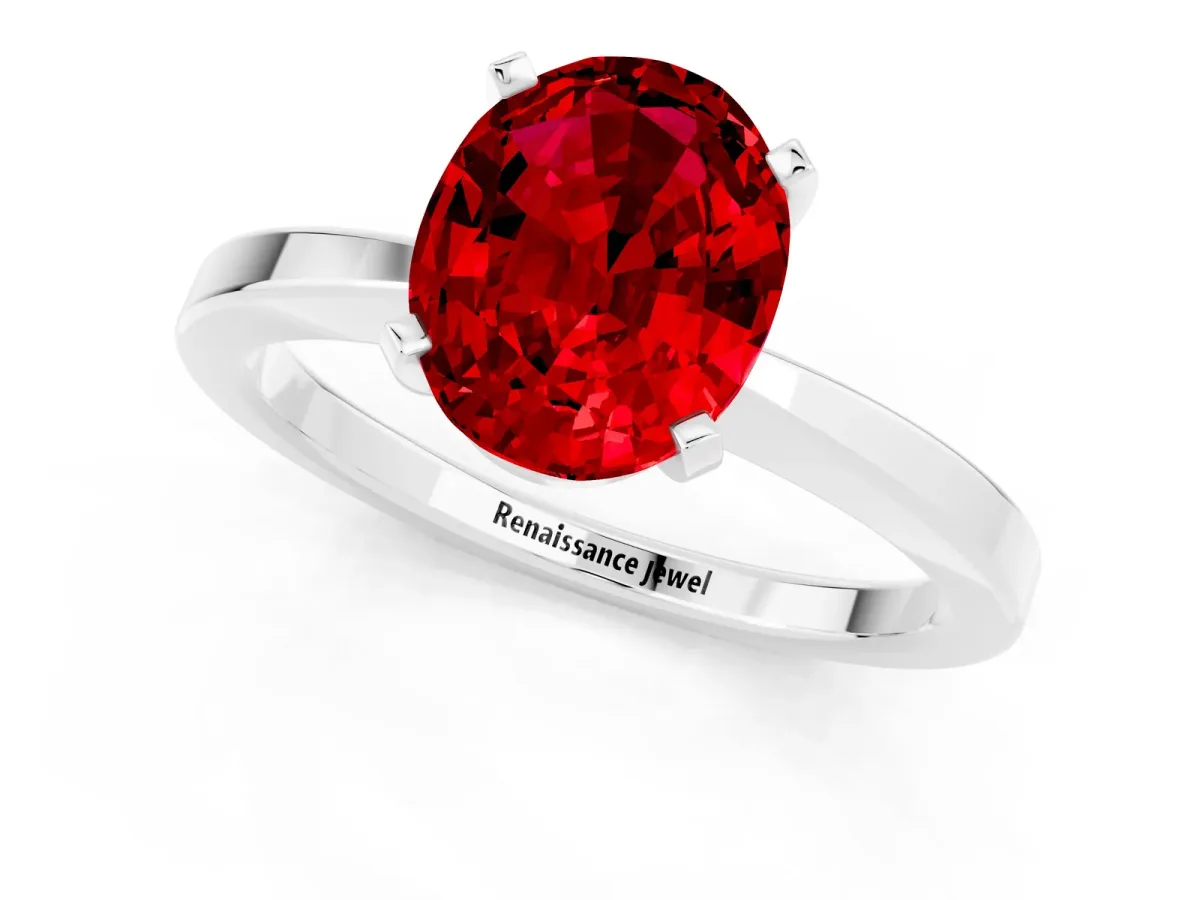 Oval Cut Ruby Solitaire Engagement Ring with Classic Band and Four-Prong Setting White gold