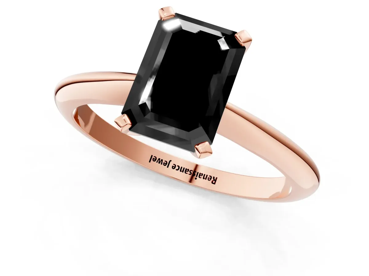 Fancy Black Emerald Cut Diamond Solitaire Engagement Ring with Classic Band and Four-Prong Setting Rose gold