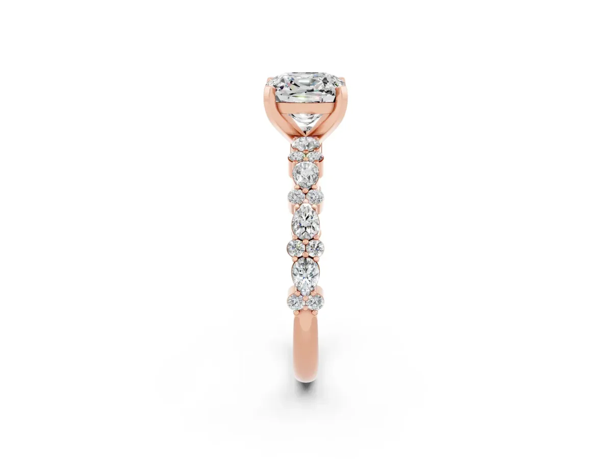 Cushion Cut Moissanite Side Stone Solitaire Ring with Round and Four-Prong Setting Rose gold