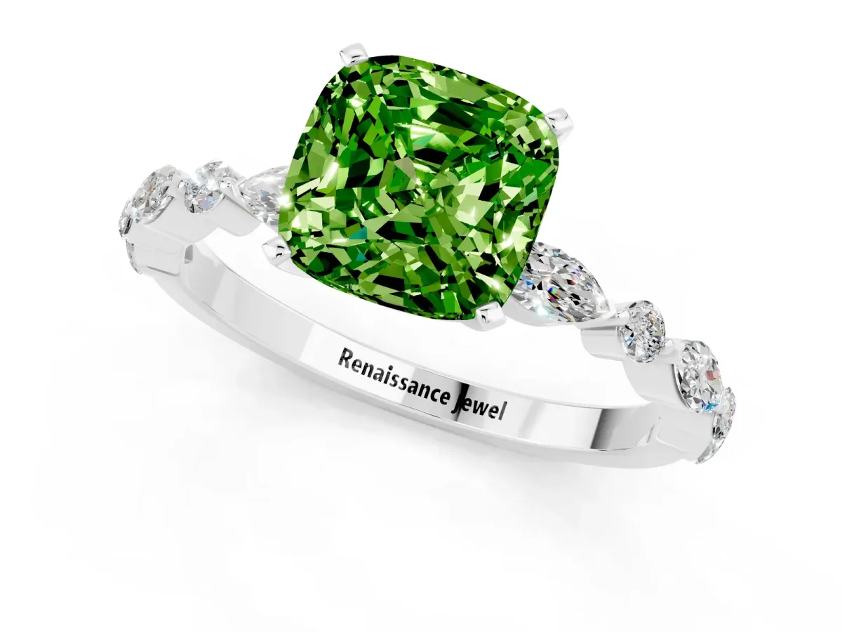 Cushion Cut Peridot Ring with Marquise and Round Side Stones and Four-Prong Setting Silver