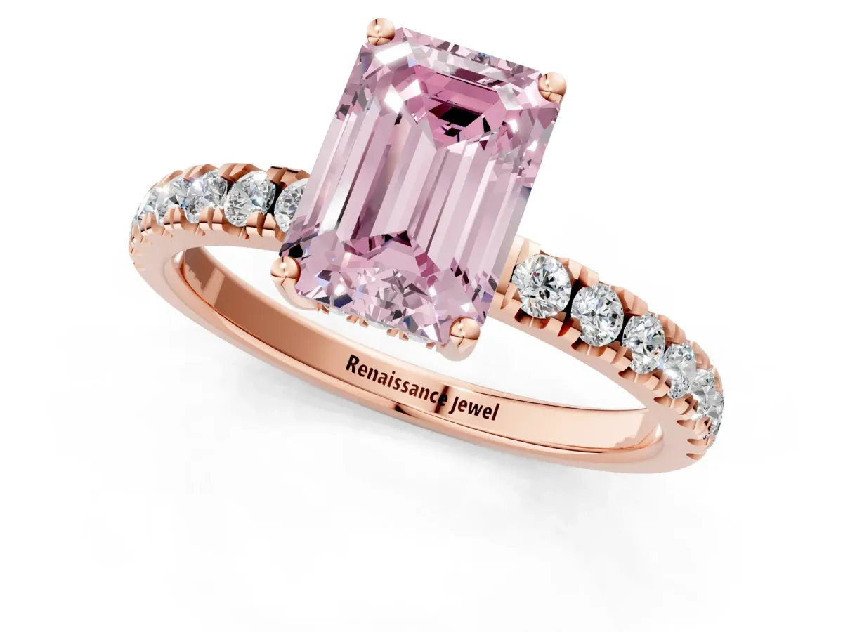 Fancy Pink Emerald Cut Diamond Pave Band Solitaire Ring with Round and Prong Setting Rose gold