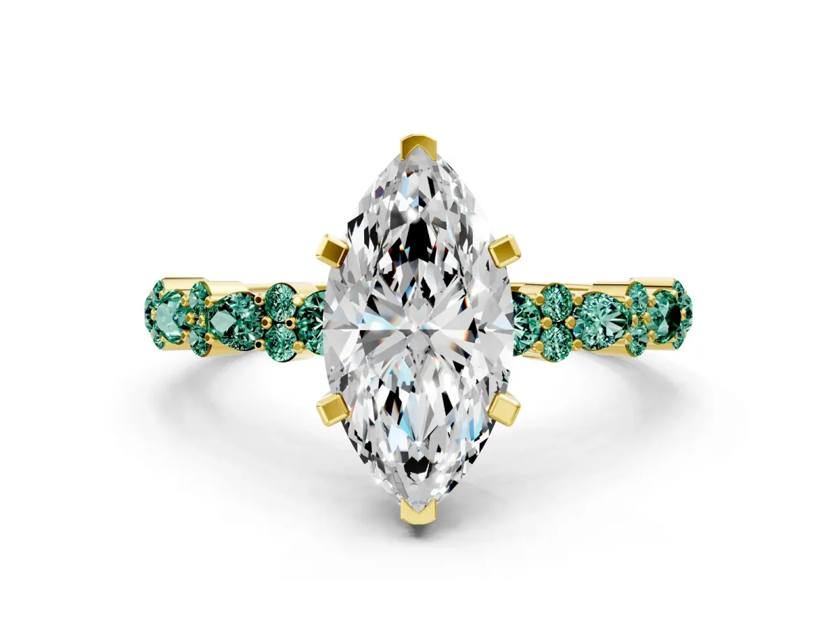 Marquise Cut Diamond Side Stone Solitaire Ring with Round Green Sapphire and Four-Prong Setting Yellow gold