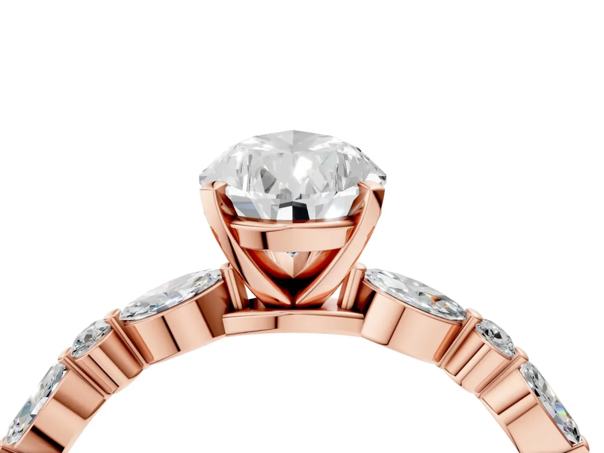 Pear Cut Diamond Ring with Marquise and Round Side Stones and Four-Prong Setting Rose gold
