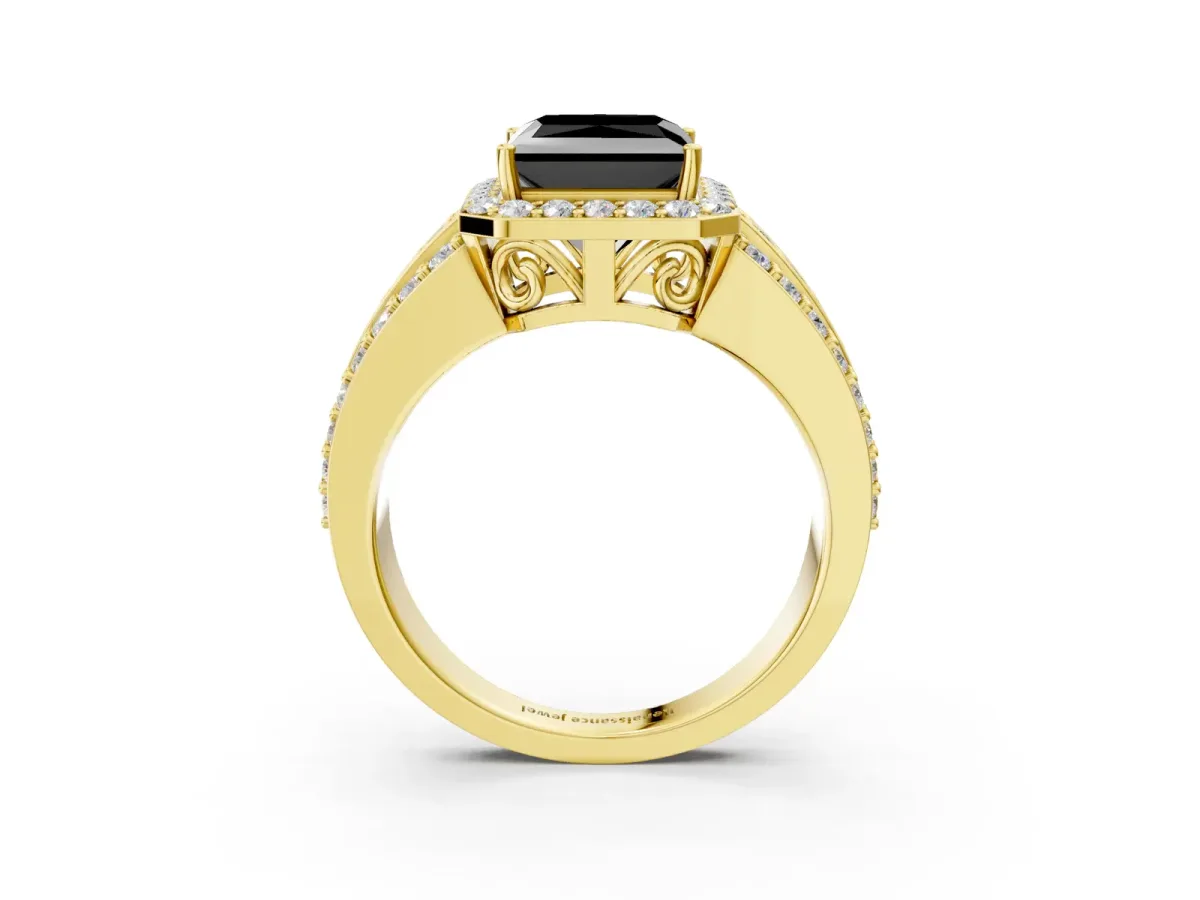 Fancy Black Princess Cut Halo Diamond Ring with Round Split Shank and Prong Setting Yellow gold