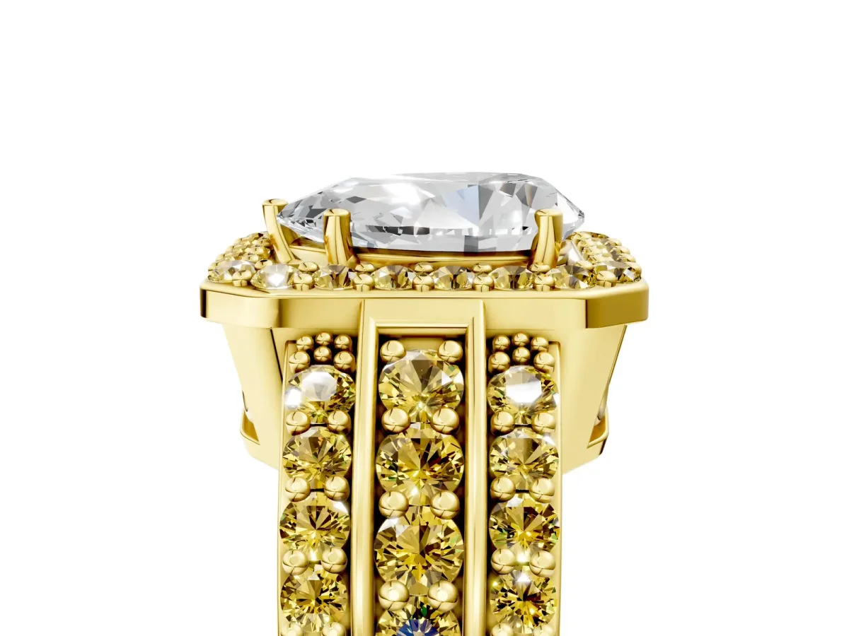 Pear Cut Halo Diamond Ring with Round Yellow Sapphire Split Shank and Prong Setting Yellow gold