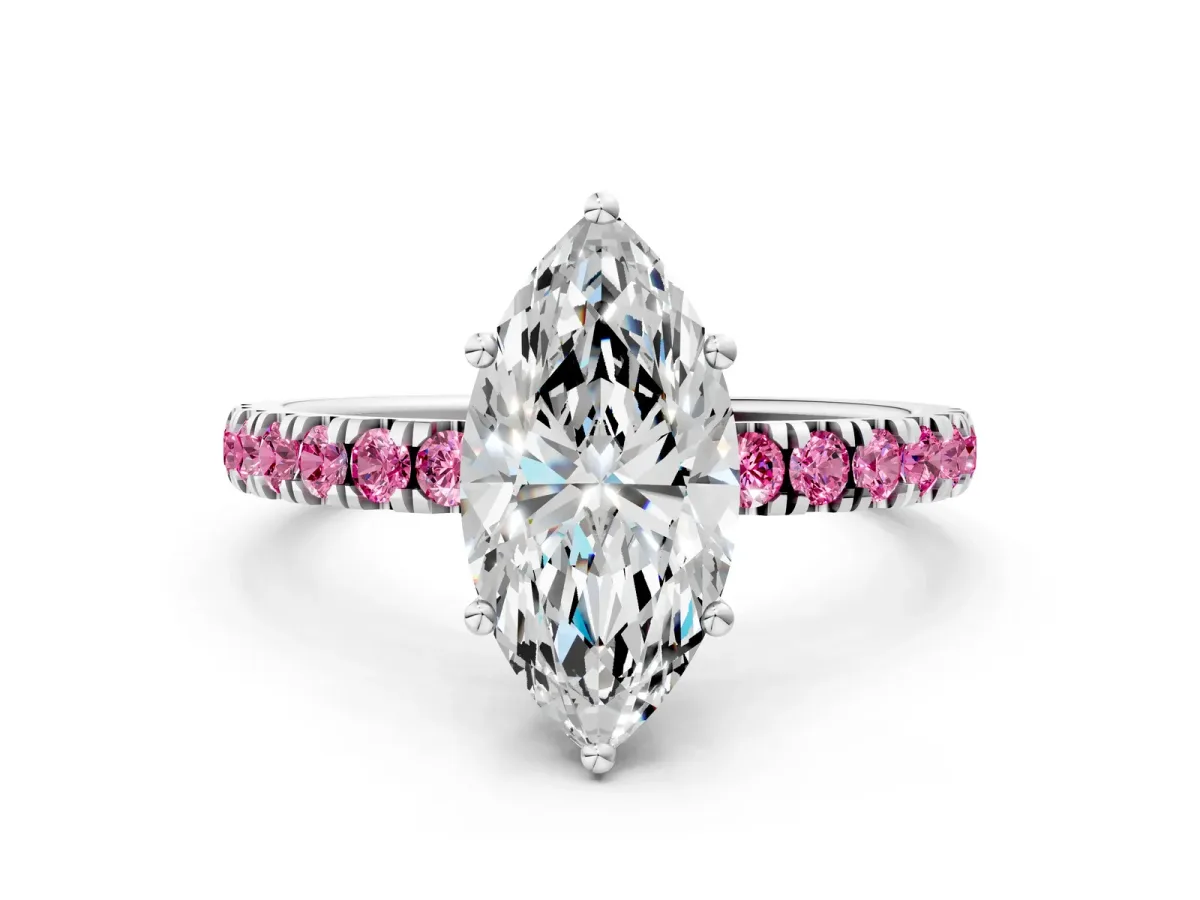 Marquise Cut Diamond Pave Band Solitaire Ring with Round Pink Sapphire and Prong Setting Silver