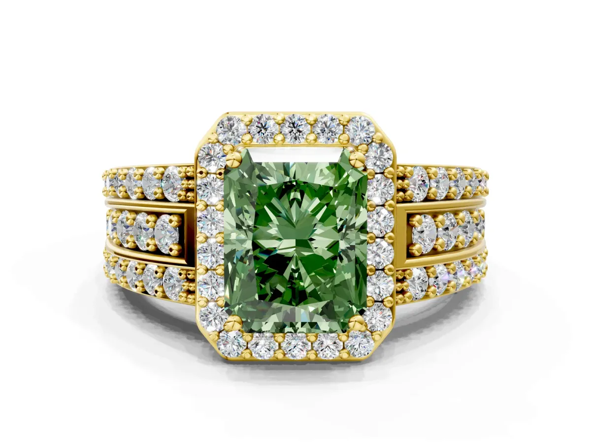 Fancy Green Radiant Cut Halo Diamond Ring with Round Split Shank and Prong Setting Yellow gold