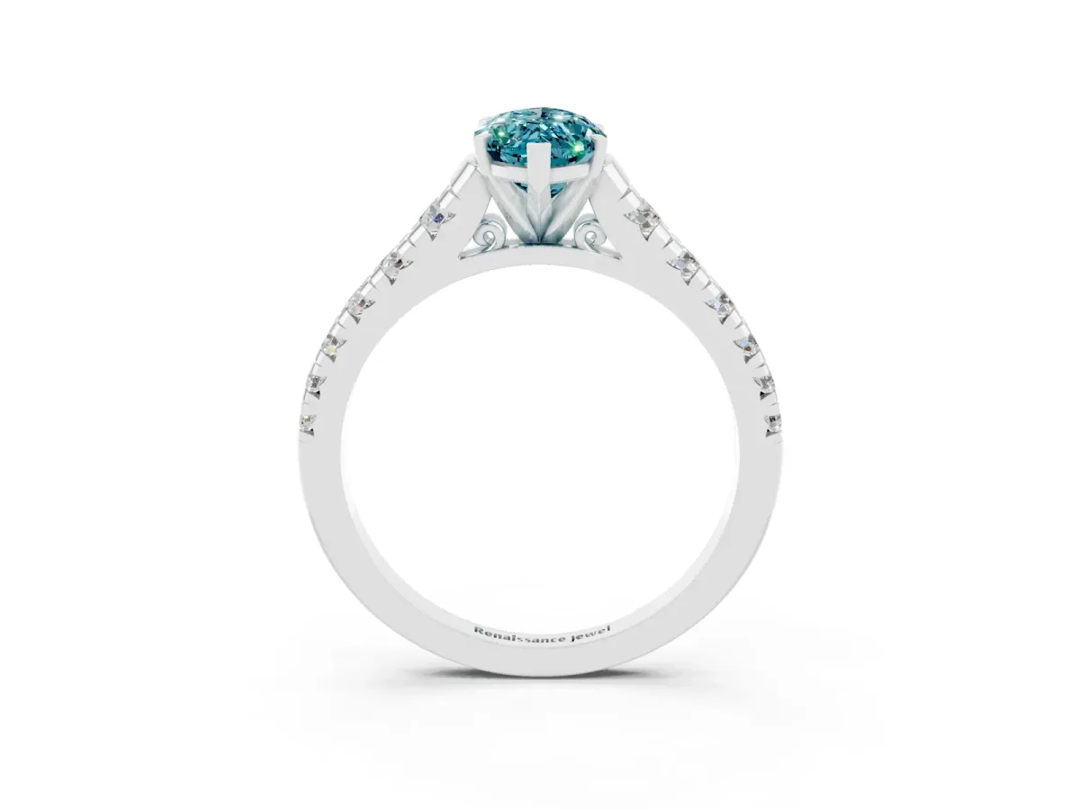 Marquise Cut Blue Topaz Cathedral Solitaire Ring with Round Pavé Band Silver