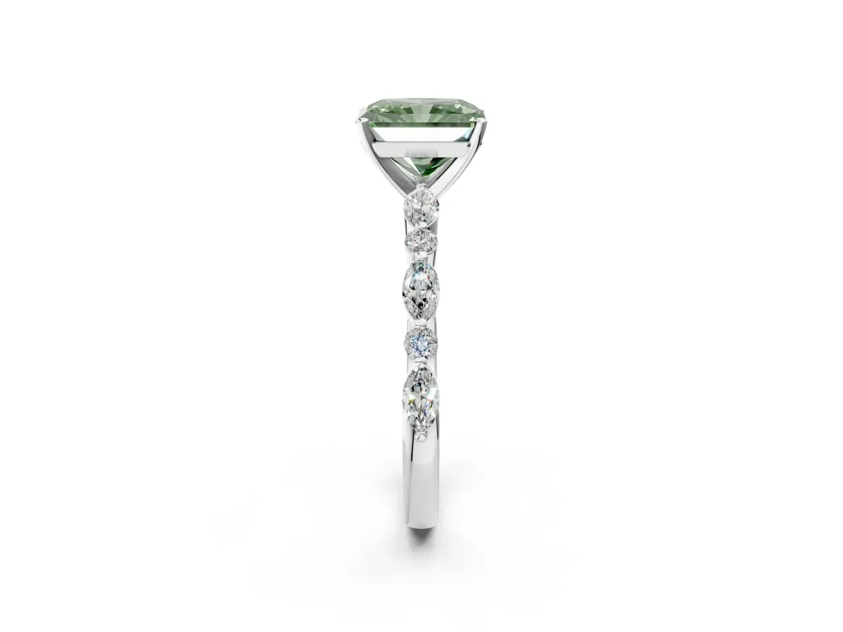 Fancy Green Radiant Cut Diamond Ring with Marquise and Round Side Stones and Four-Prong Setting Silver