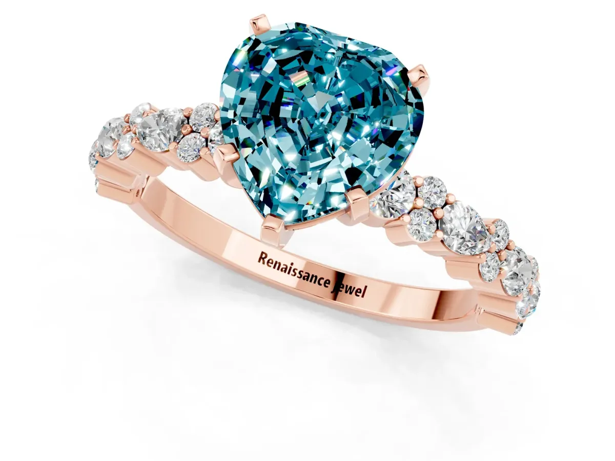 Heart Cut Blue Topaz Side Stone Solitaire Ring with Round and Four-Prong Setting Rose gold