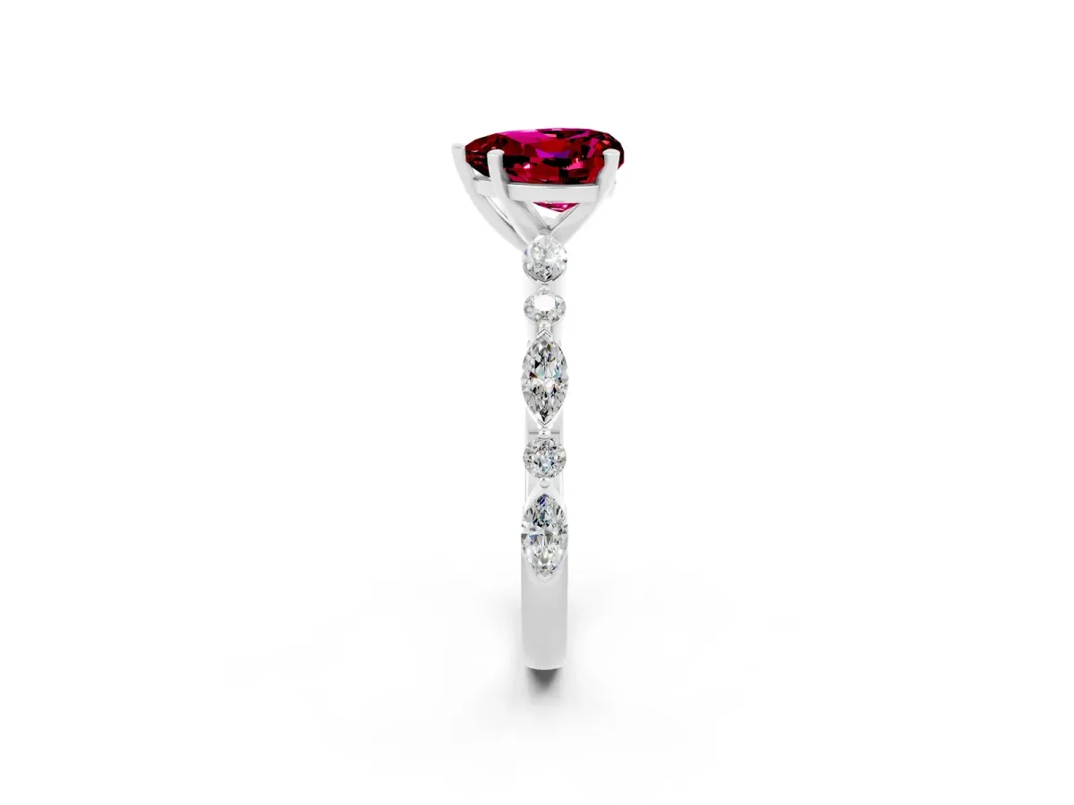 Heart Cut Garnet Ring with Marquise and Round Side Stones and Four-Prong Setting Silver