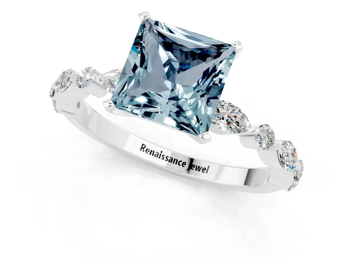 Princess Cut Aquamarine Ring with Marquise and Round Side Stones and Four-Prong Setting Silver