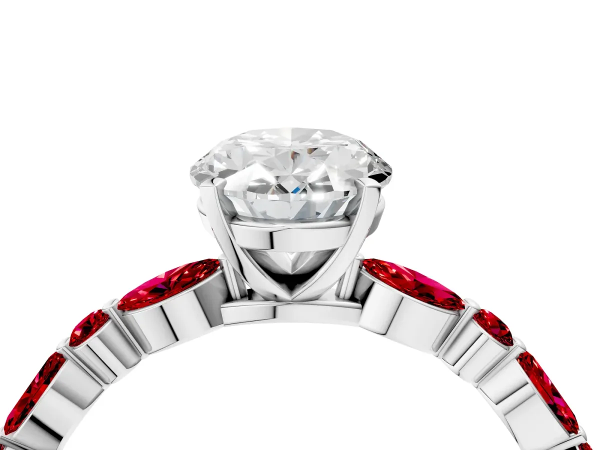 Oval Cut Diamond Ring with Marquise and Round Ruby Side Stones and Four-Prong Setting Silver