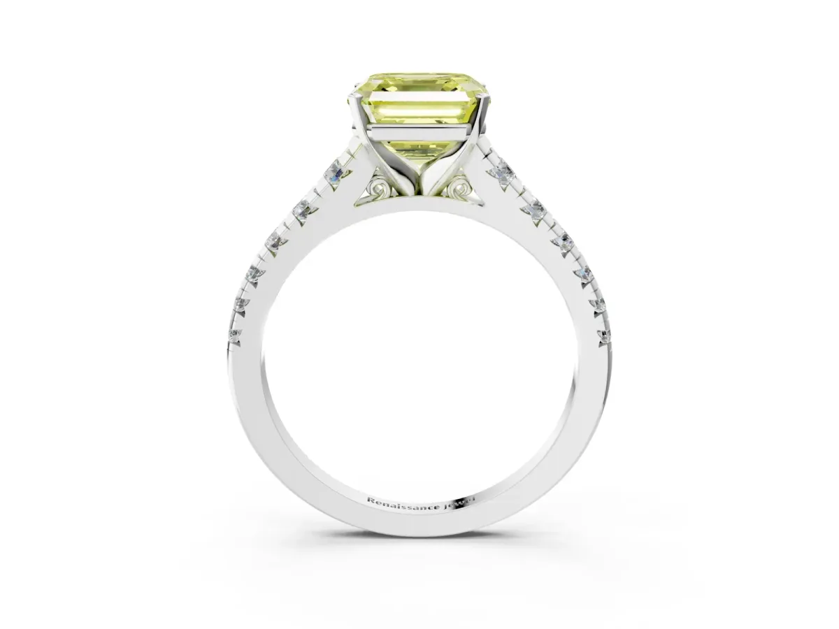 Fancy Yellow Asscher Cut Diamond Cathedral Solitaire Ring with Round Pavé Band Silver