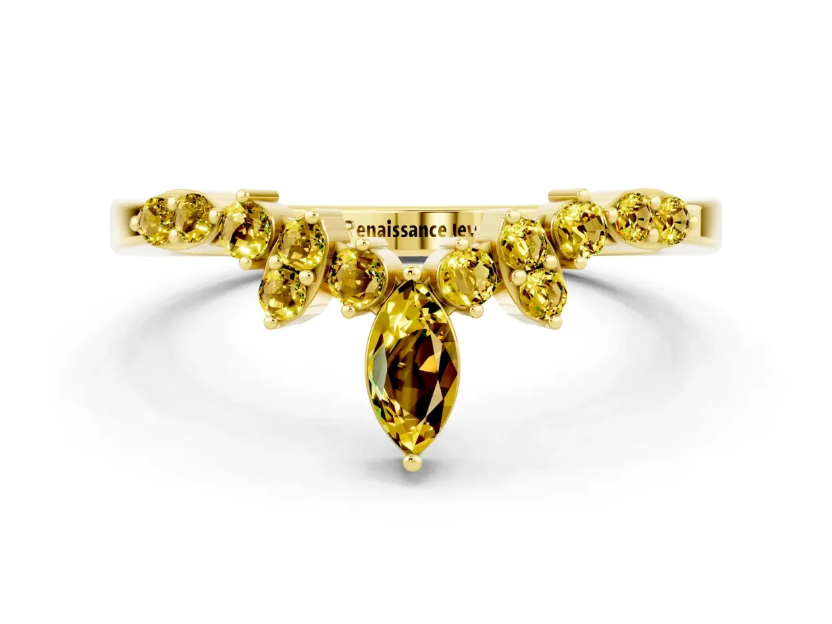 Marquise and Round Yellow Sapphire Chevron Band with Prong Setting Yellow gold