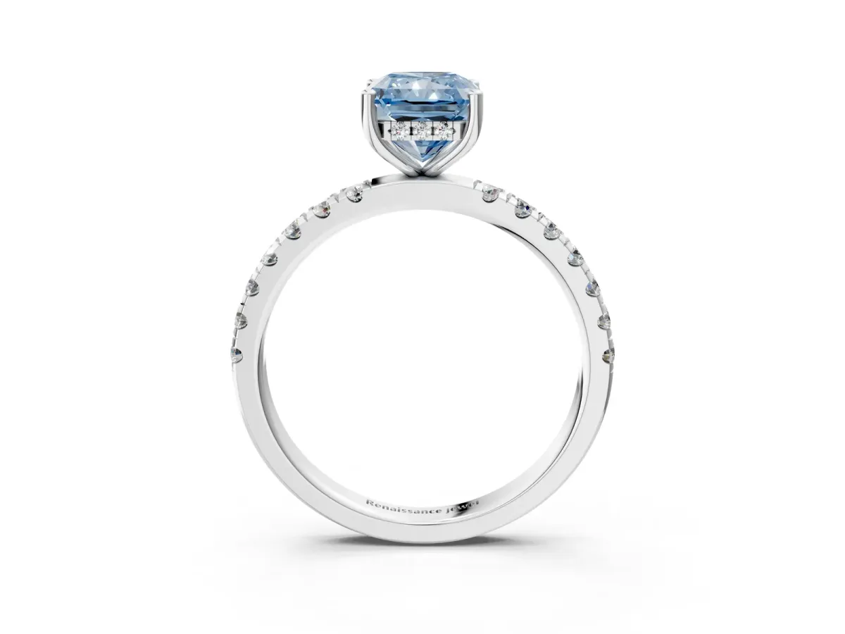 Fancy Blue Radiant Cut Diamond Pave Band Solitaire Ring with Round and Prong Setting Silver