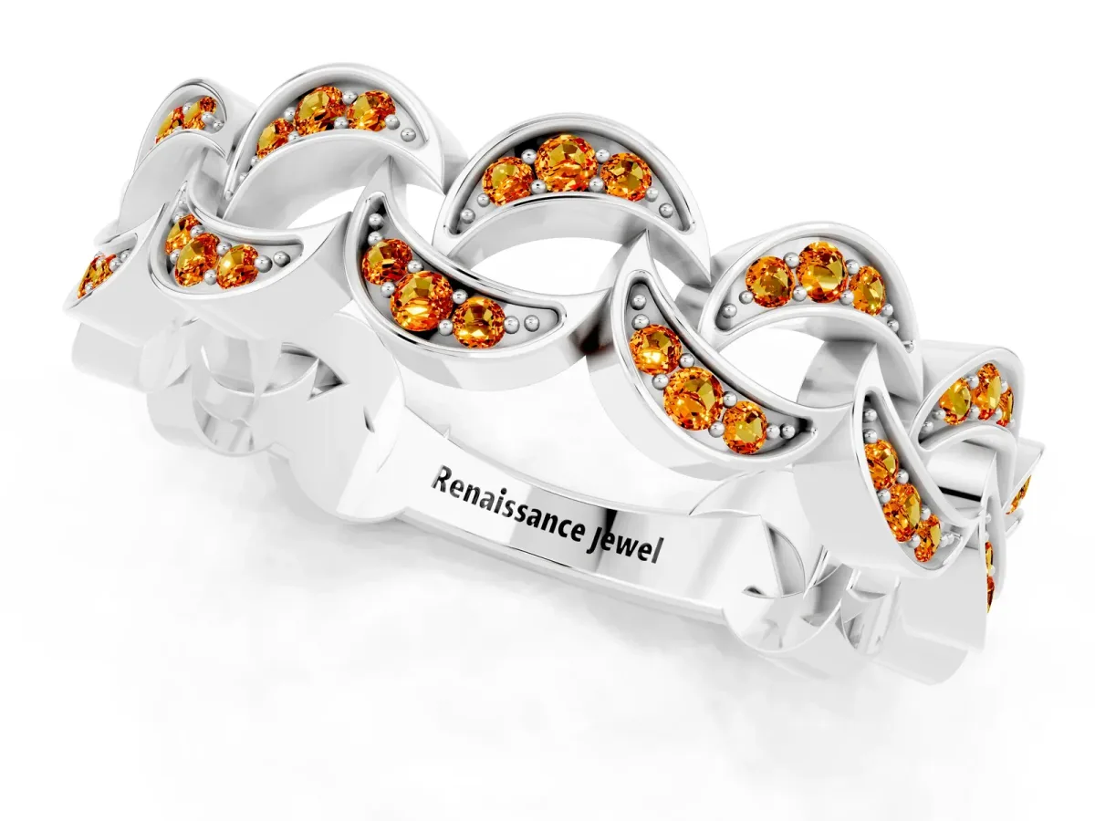 Pavé Round Citrine Interlocking Eternity Band with Bezel Prong Setting Platinum