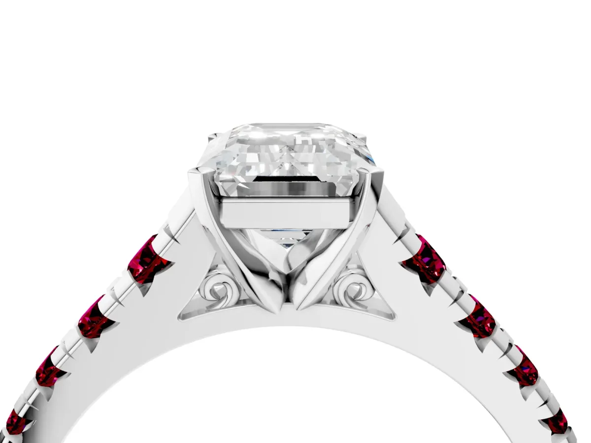 Emerald Cut Diamond Cathedral Solitaire Ring with Round Garnet Pavé Band Silver