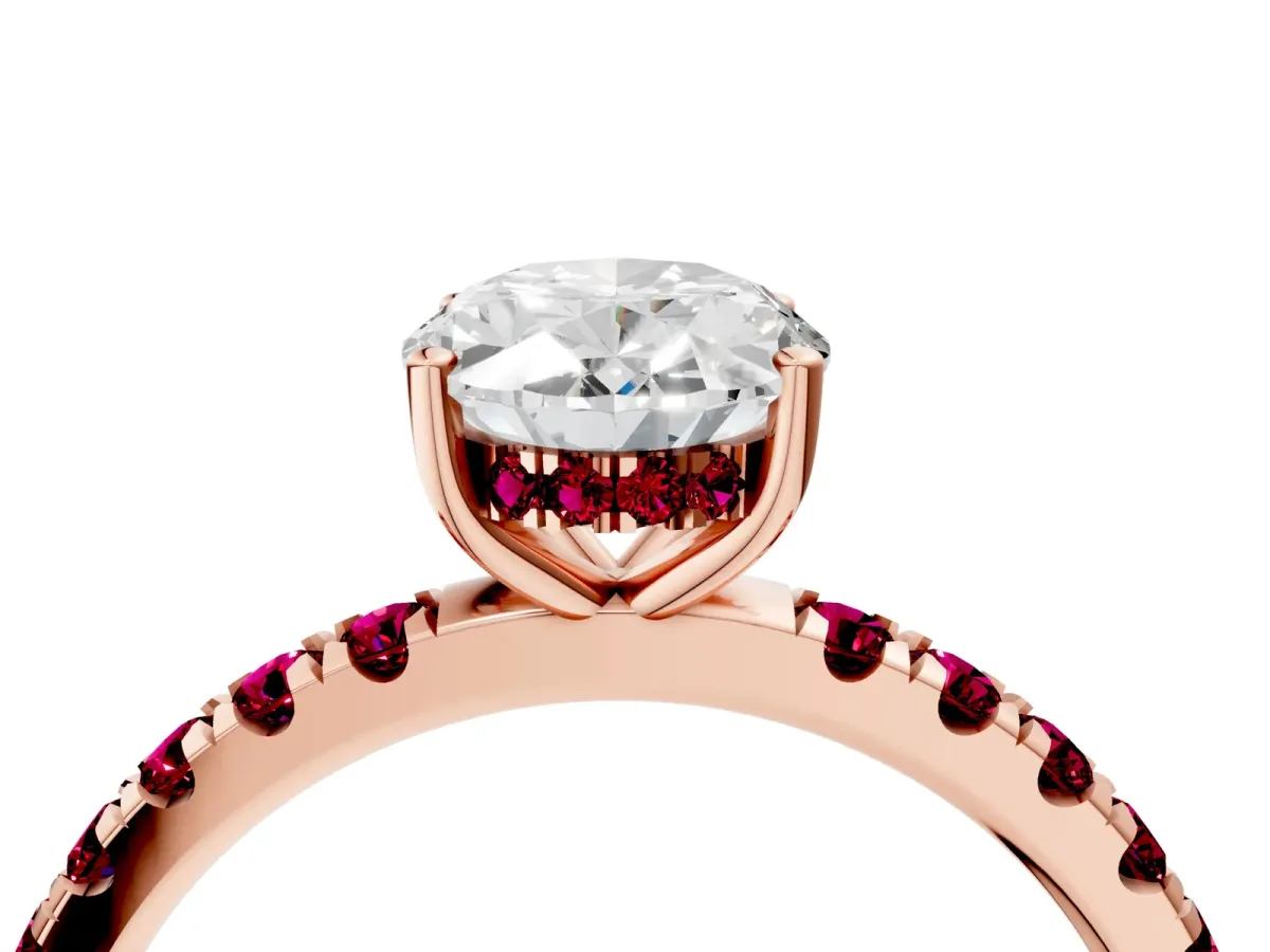 Oval Cut Diamond Pave Band Solitaire Ring with Round Garnet and Prong Setting Rose gold
