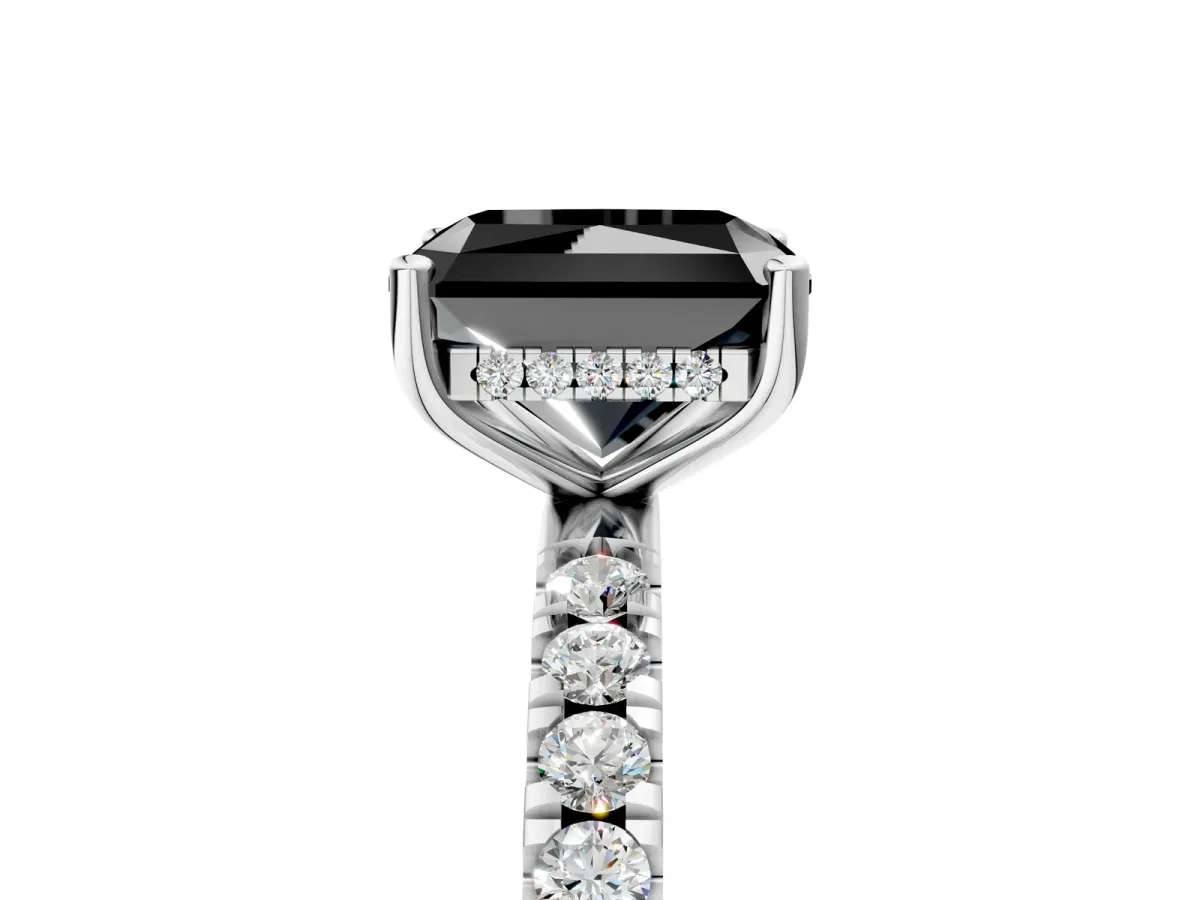 Fancy Black Radiant Cut Diamond Pave Band Solitaire Ring with Round and Prong Setting Silver
