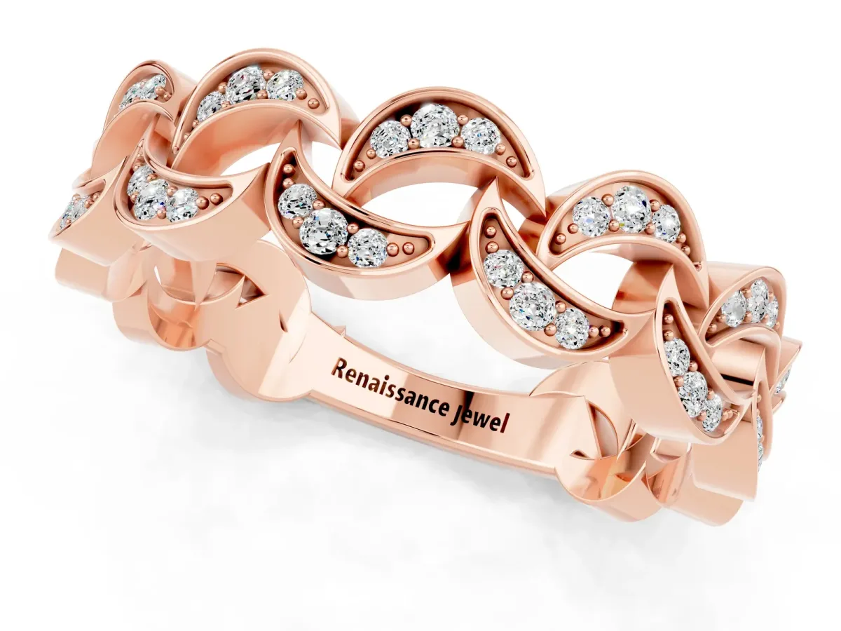Pavé Round Moissanite Interlocking Eternity Band with Bezel Prong Setting Rose gold