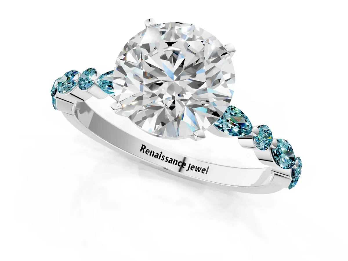 Round Cut Diamond Ring with Marquise and Round Blue Topaz Side Stones and Four-Prong Setting Silver