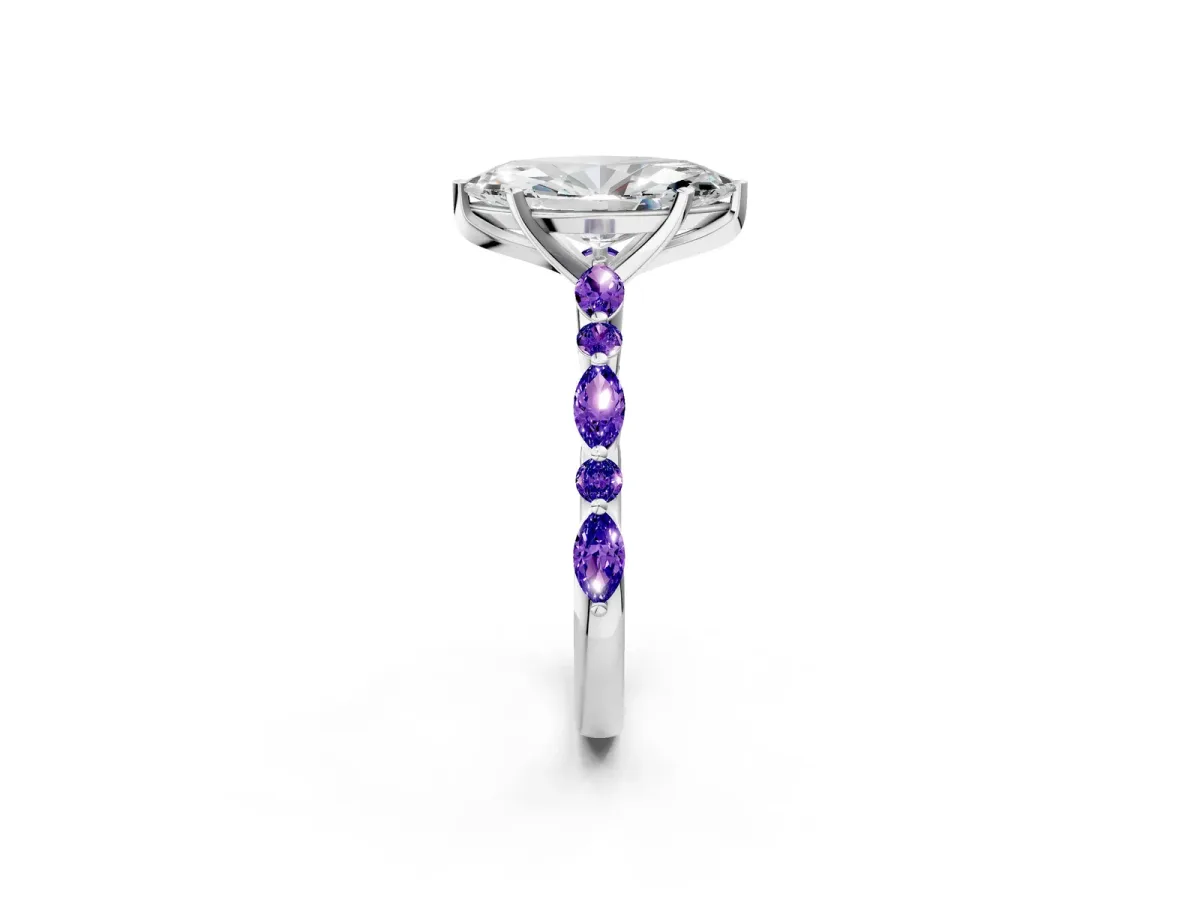 Marquise Cut Diamond Ring with Marquise and Round Tanzanite Side Stones and Four-Prong Setting White gold