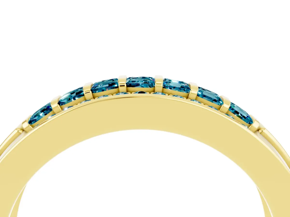 Bar-Set Princess Cut Blue Topaz Pavé Band Yellow gold
