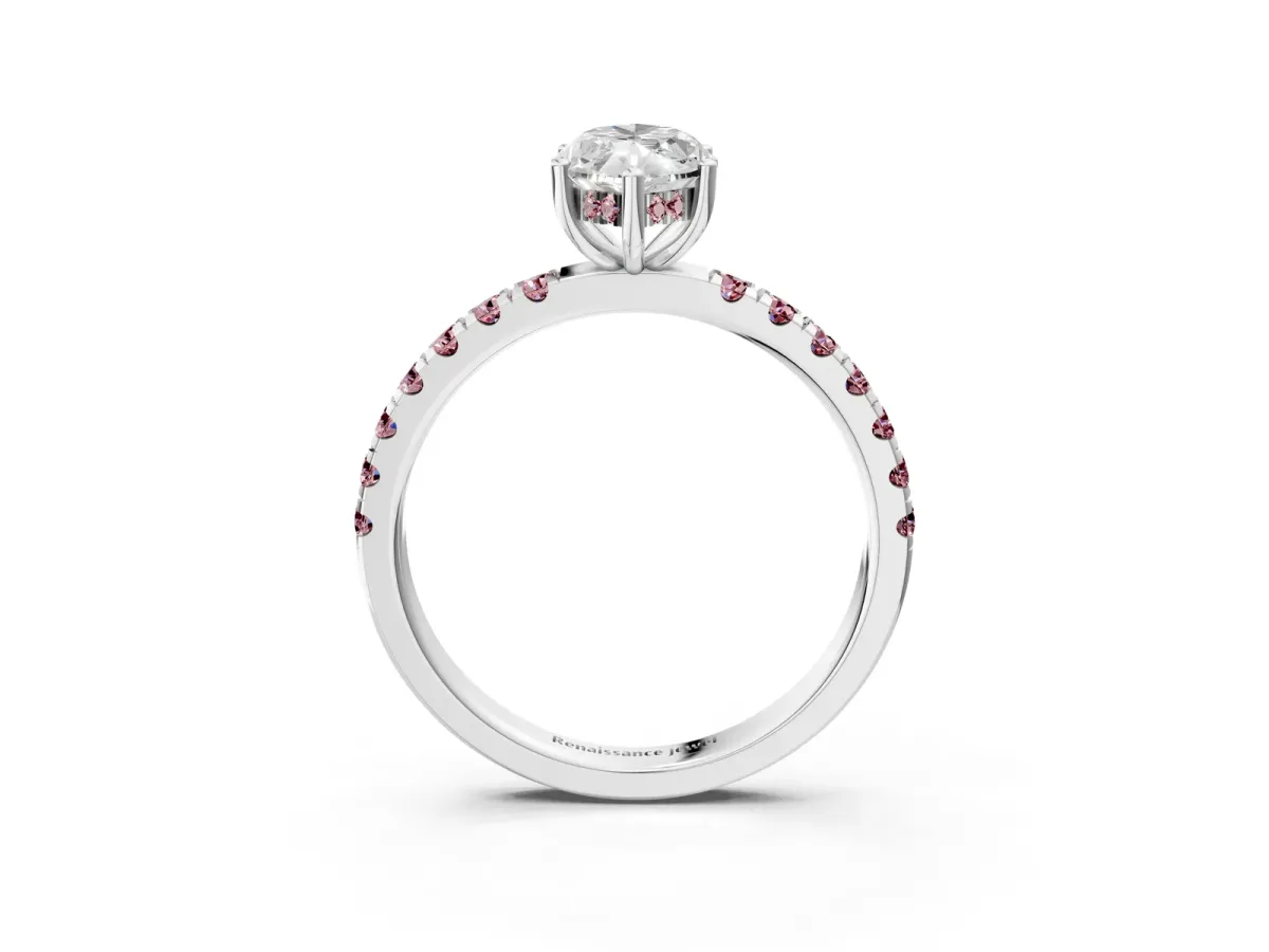 Marquise Cut Diamond Pave Band Solitaire Ring with Round Morganite and Prong Setting Platinum