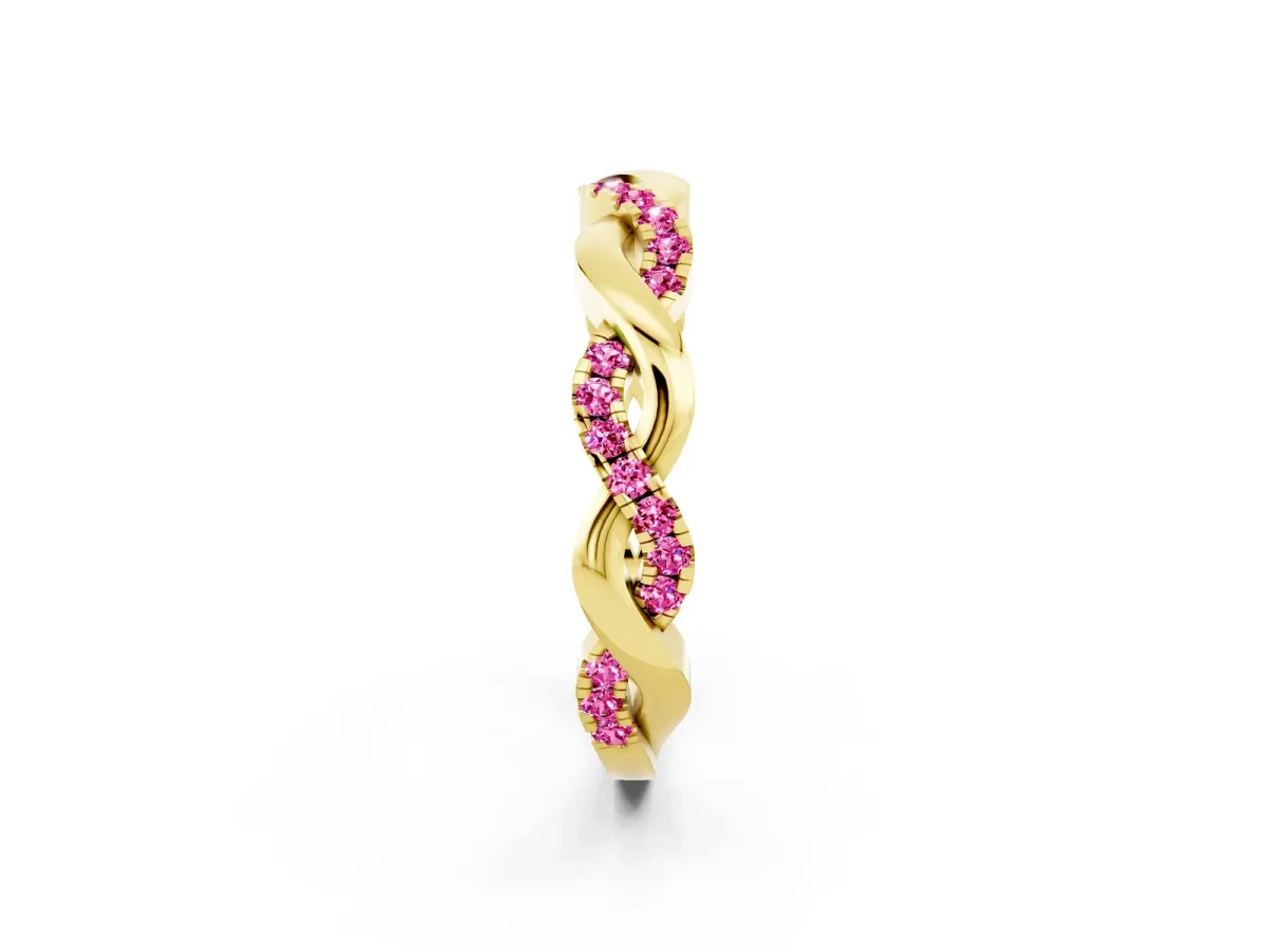 Pavé Round Pink Sapphire Twist Eternity Band with Shared Prong Setting Yellow gold