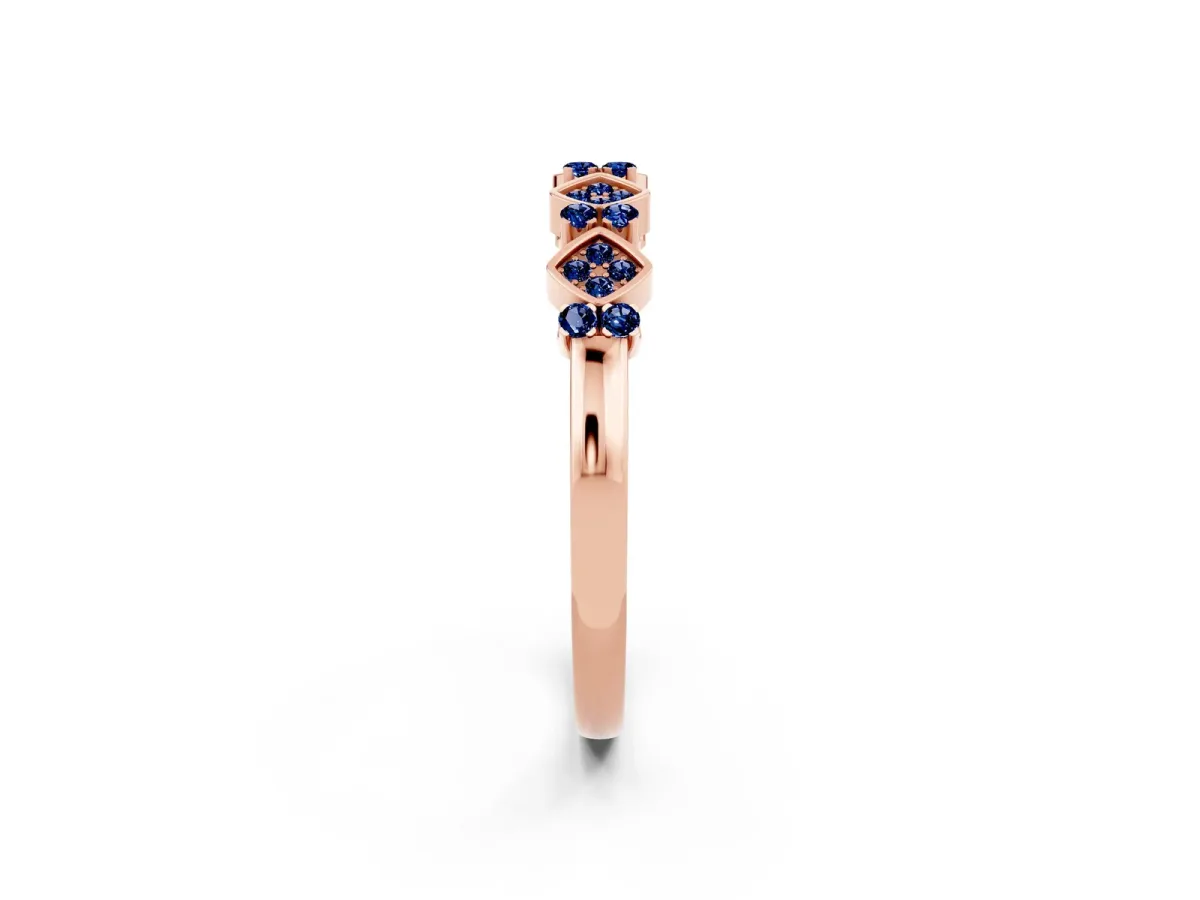 Pavé Cushion Blue Sapphire Cluster Eternity Band with Prong Setting Rose gold