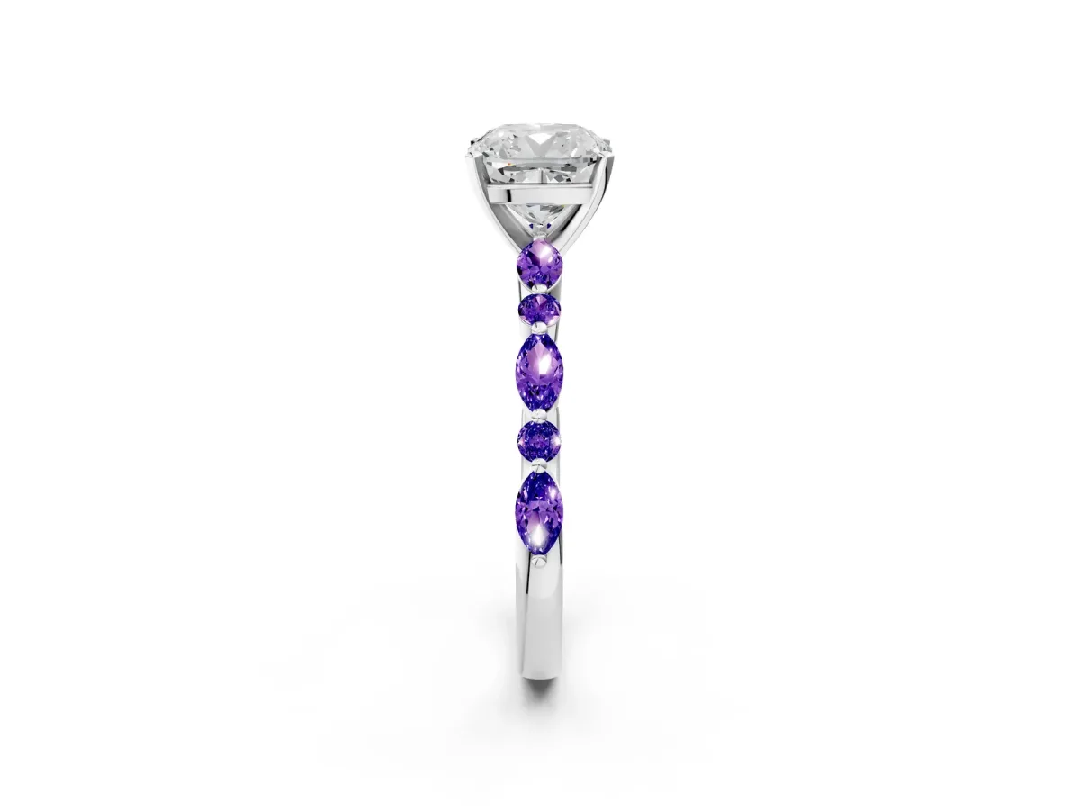 Cushion Cut Diamond Ring with Marquise and Round Tanzanite Side Stones and Four-Prong Setting Silver