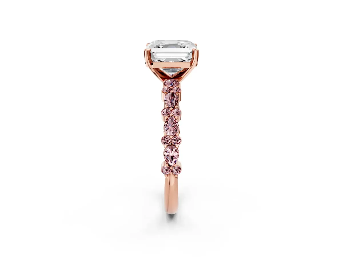 Asscher Cut Diamond Side Stone Solitaire Ring with Round Morganite and Four-Prong Setting Rose gold