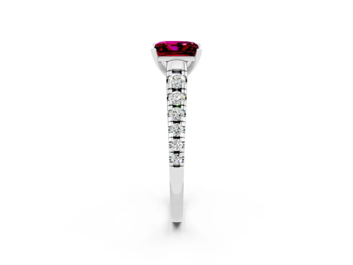 Princess Cut Garnet Cathedral Solitaire Ring with Round Pavé Band Platinum