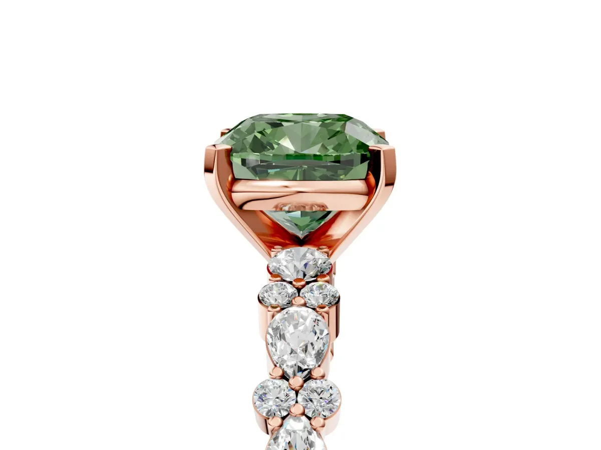 Fancy Green Cushion Cut Diamond Side Stone Solitaire Ring with Round and Four-Prong Setting Rose gold