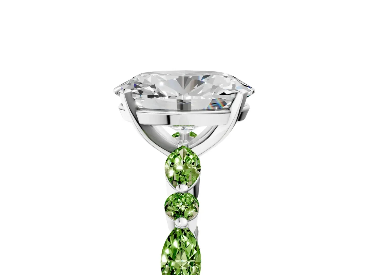 Oval Cut Diamond Ring with Marquise and Round Peridot Side Stones and Four-Prong Setting Silver