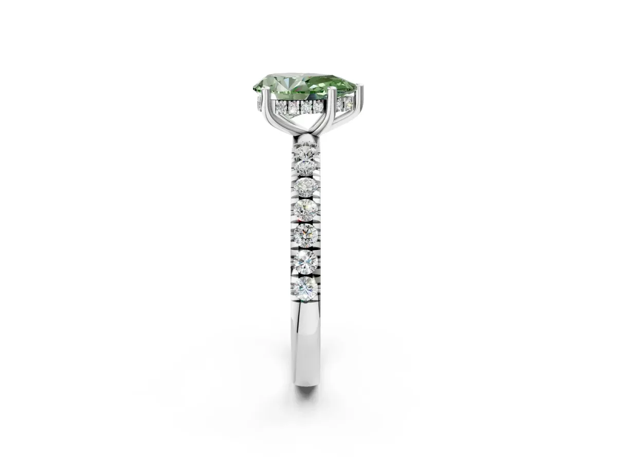 Fancy Green Pear Cut Diamond Pave Band Solitaire Ring with Round and Prong Setting White gold