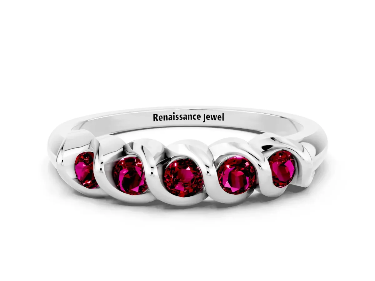 Round Garnet Eternity Band with Twist Prong Setting White gold