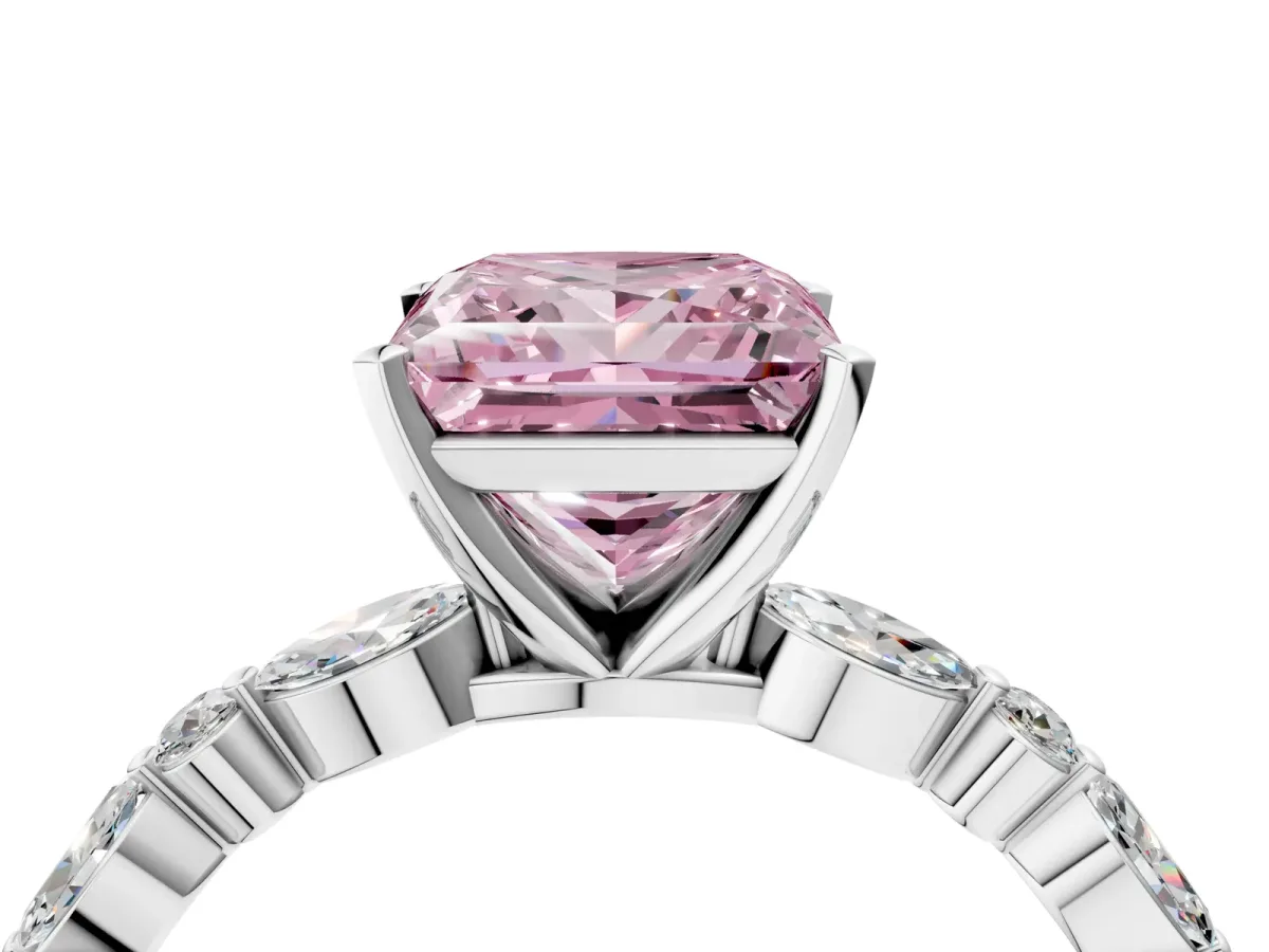 Fancy Pink Princess Cut Diamond Ring with Marquise and Round Side Stones and Four-Prong Setting Silver
